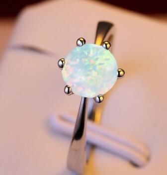 Cute Silver color Filled Round White/Blue Fire Opal Rings For Women Wedding Fashion Jewelry Birthstone Ring