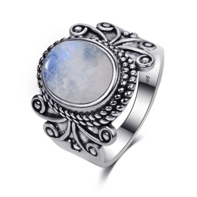 Nasiya Antique Silver Rings Oval Natural Rainbow Moonstone Rings For Women 925 Silver Jewelry For Party Wedding Birthday Gift