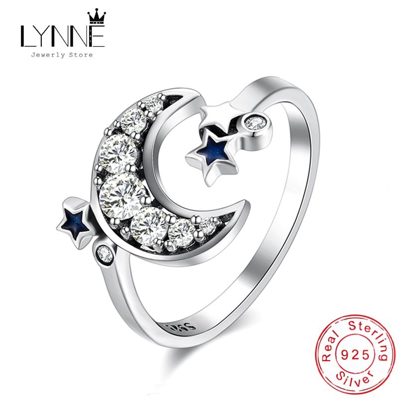 New Fashion Creative Design Moon Star Zircon Resizable Rings 925 Sterling Silver Rhinestone Elegant Ring Women&Girl Jewelry Gift