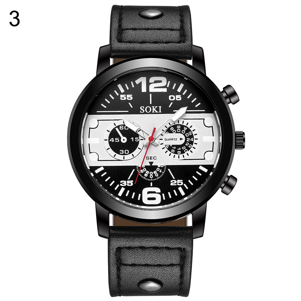 Sport Men 6 Hands Round Dial  Leather Strap  Quartz Wrist Watch Gift