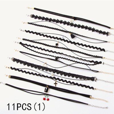 METOO 11pcs Girls Jewelry for Kids Necklace Black Multi Layer Lace Chains Choker Necklace Children Gothic Stretch Baby Jewelry