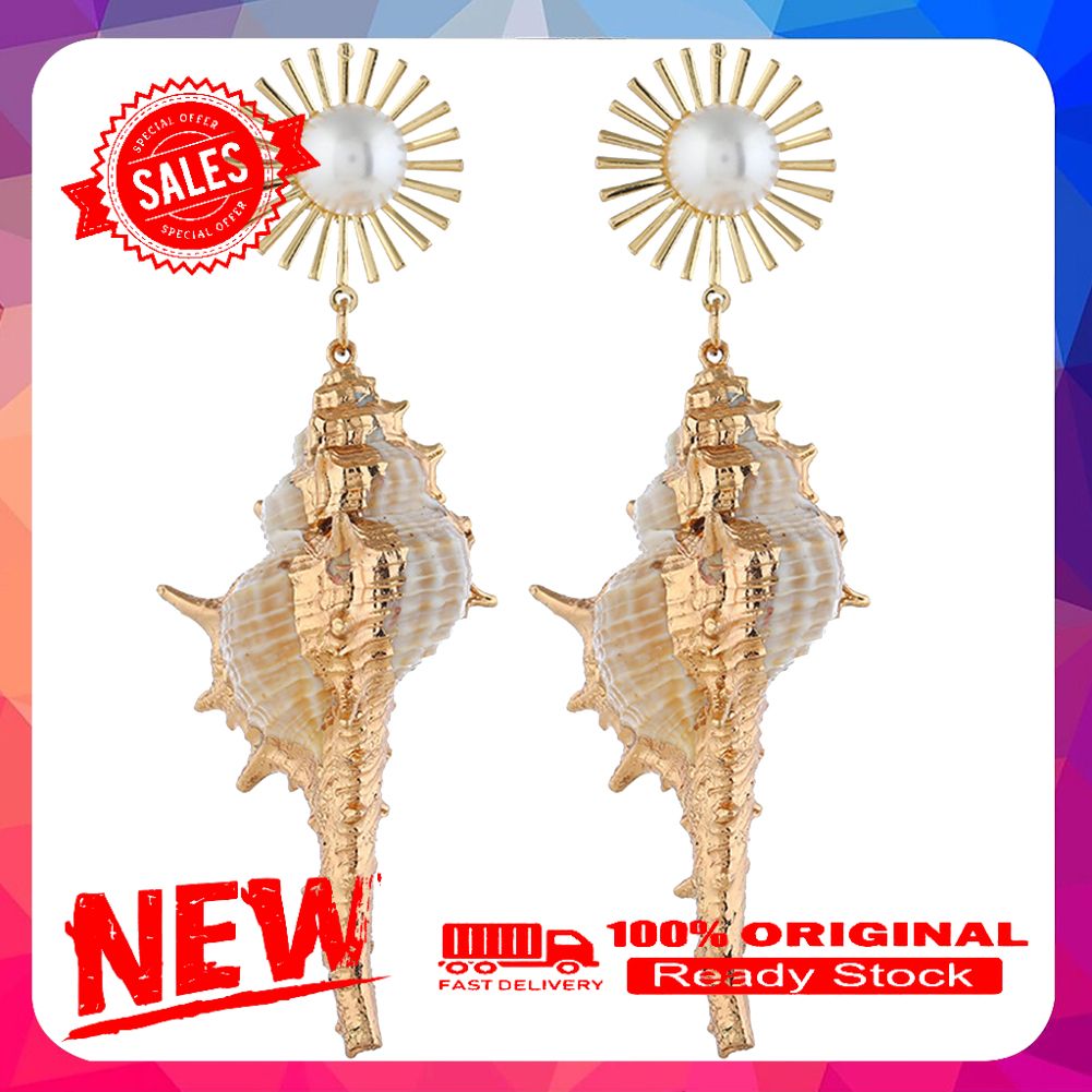 Bohemian Beach Women Faux Pearl Inlaid Conch Pendant Statement Stud Earrings