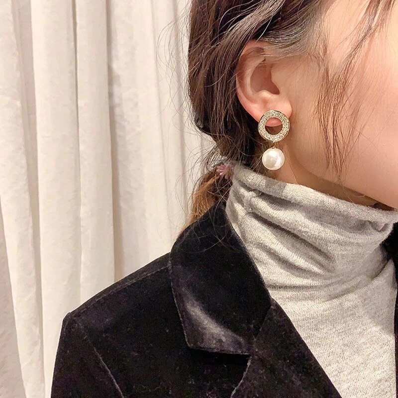 Crystal Inlaid Earrings with Pearl for Women Fashion Water Drop Pendant Earrings