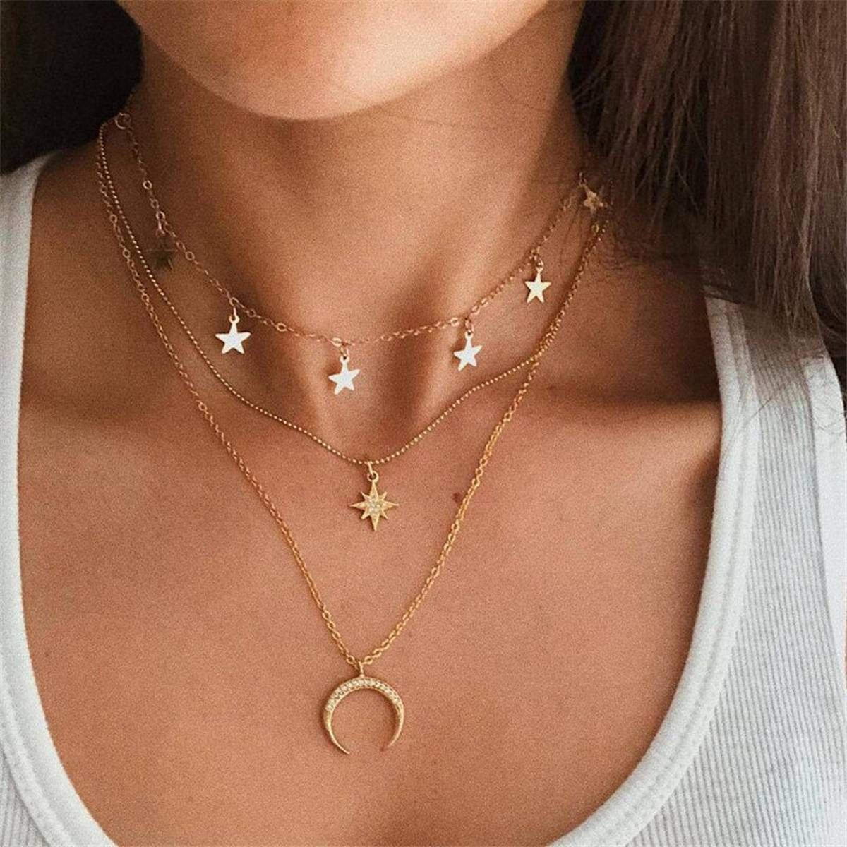 Vintage Multilayer Crystal Pendant Necklace Women Gold Color Moon Star Horn Crescent Choker Necklaces Jewelry Gift