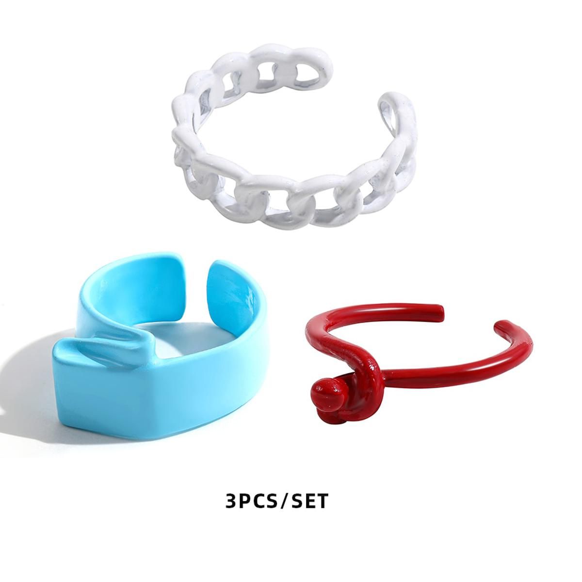 New Fashion Colorful Dripping Oil Geometric Chain Open Rings Set for Women Girls Candy Color Hand-painted  Rings Jewelry
