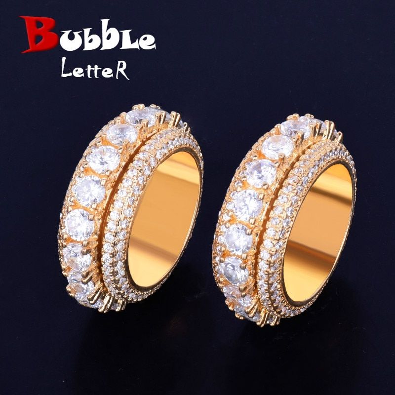 5 Row Solid Men's Ring 18 K Copper Charm Gold Color Cubic Zircon Iced RING Fashion Hip Hop Jewelry Rotatable
