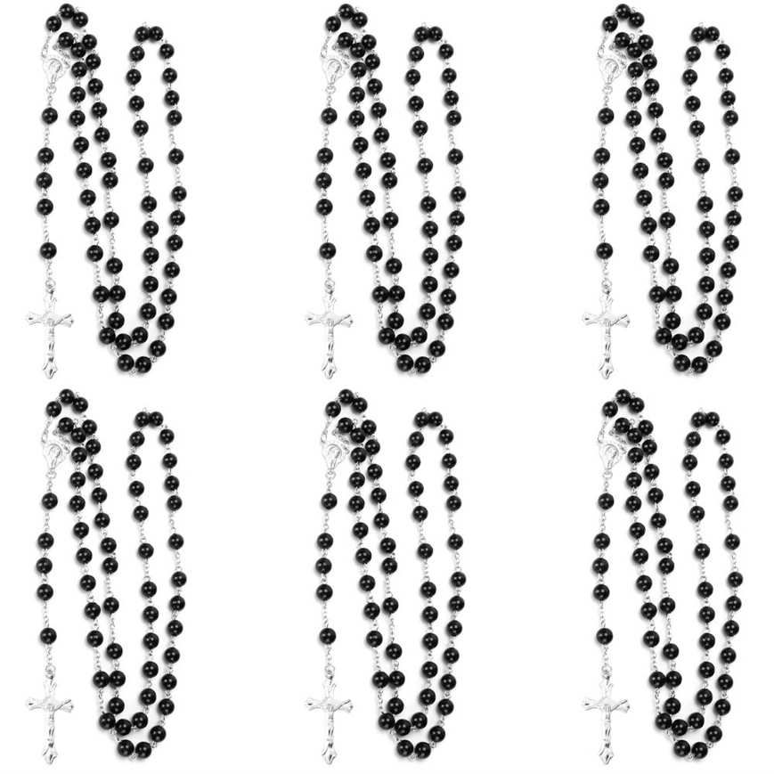 Romeng La 6Pcs Crucifix Necklace Jesus Cross Christian Rosary Bead Chain Hand‑Made Religious Jewelry
