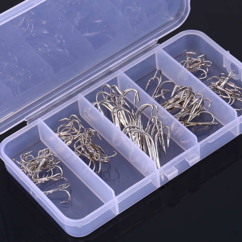 50Pcs/Box Fishing Treble Hook High Ca on Steel Small Round Bend Triple Hard Lure S Fishhook Size 2 4 6 8 10 Silver
