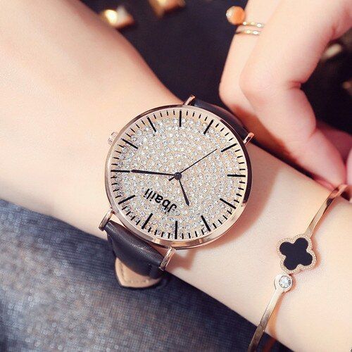 Women Bracelet Watches 2021  Stylish Rose Gold Dial Bling Crystal Dress Clock Leather Watchband Quartz Saats