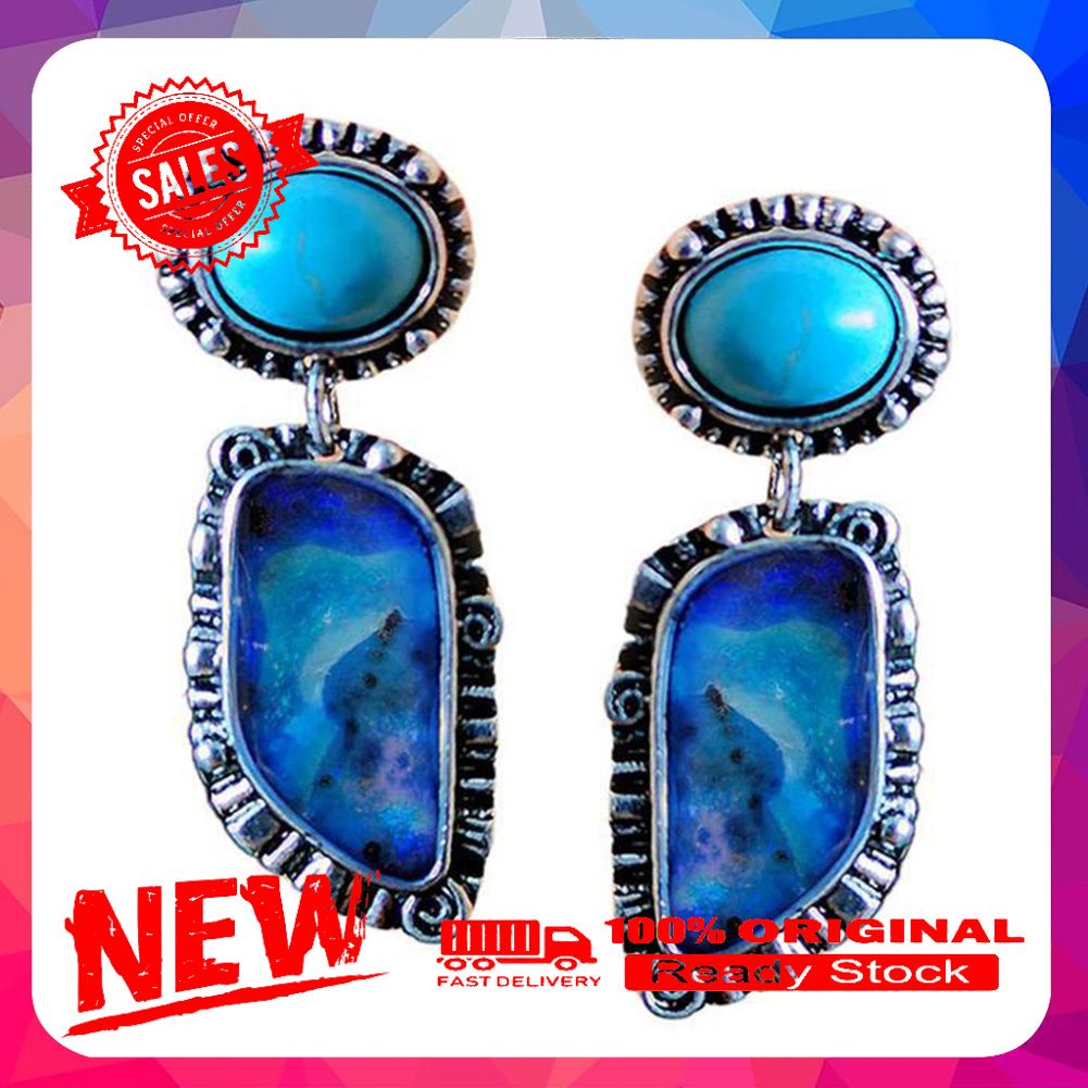 Vintage Women Faux Turquoise Inlaid Geometric Dangle Ear Stud Earrings Jewelry