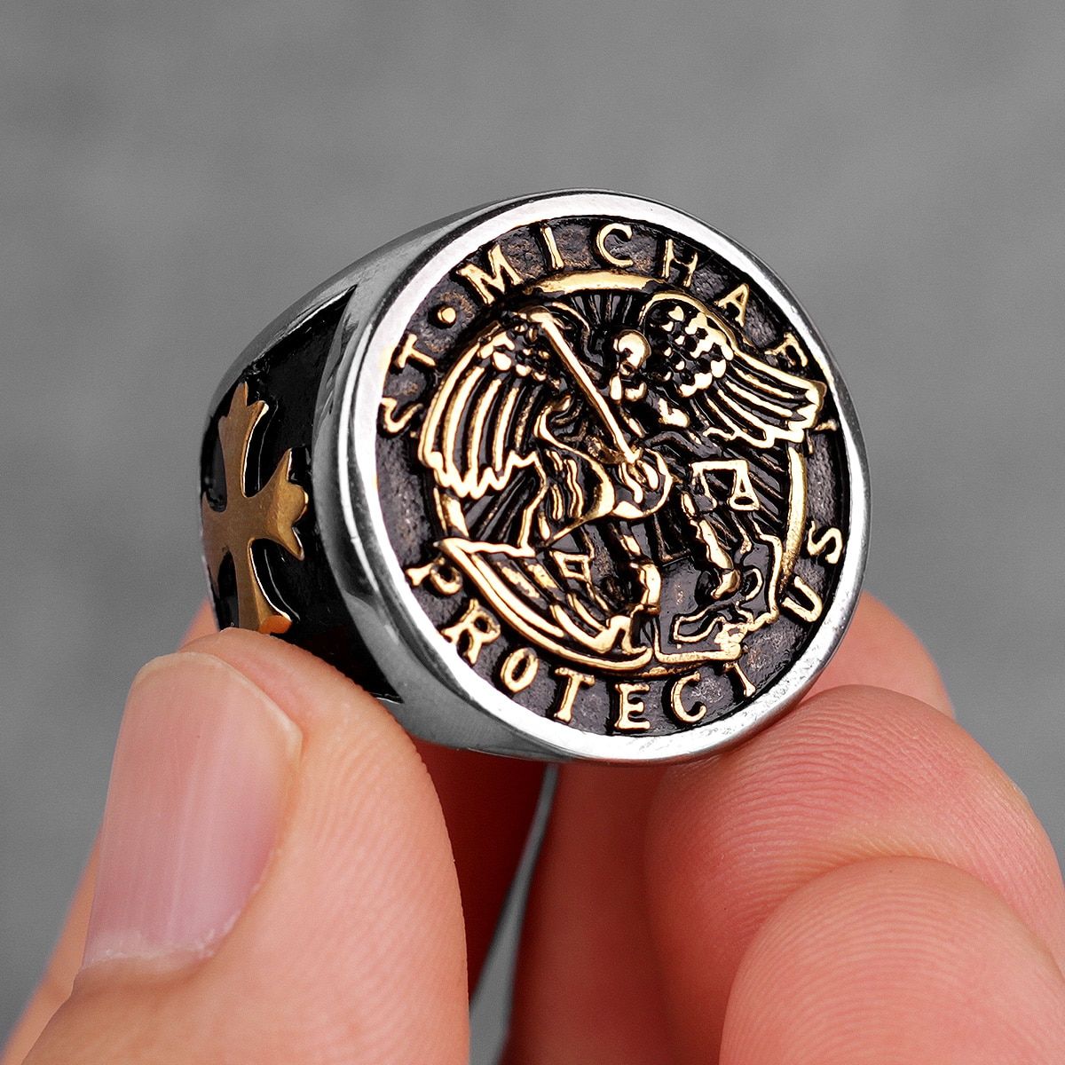 316L Stainless Steel St-Michael Men Rings Good Lucky Talisman Religious Personality Biker Ring for Men Boy Fashion Jewelry Gift