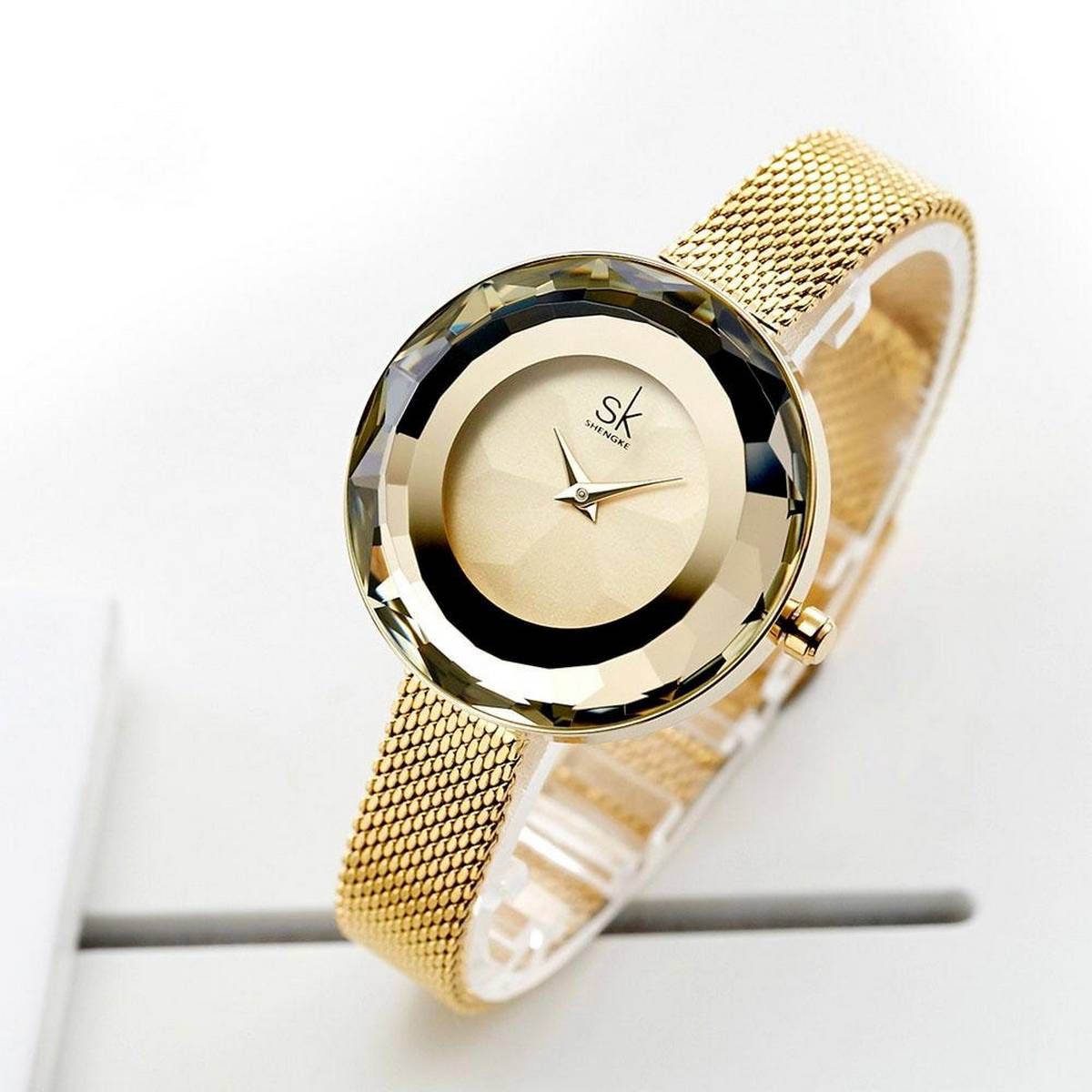 Shengke Fashion Luxury Ladies Watch Prism Fac Gold Steel Mesh Quartz Women Watches Top Brand Clock Relogio Feminino