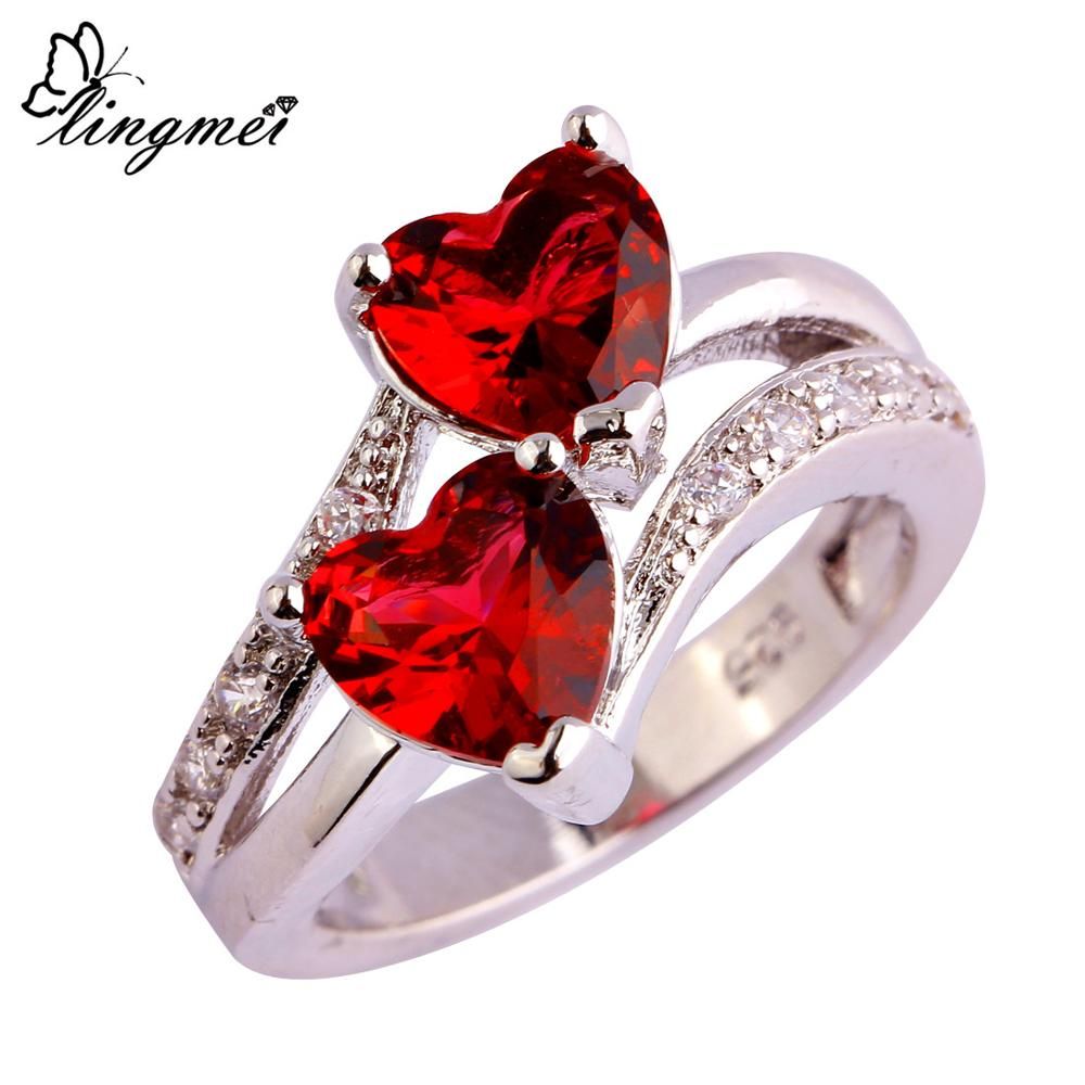 lingmei Wholesale Fashion Trendy Double HeartSilver ColorJewelry Wedding Rings Glamour Female Zircon Jewelry Size 5-13