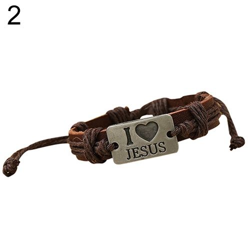 Unisex I LOVE JESUS Faux Leather Bangle Hemp Rope Chain Adjustable Bracelet