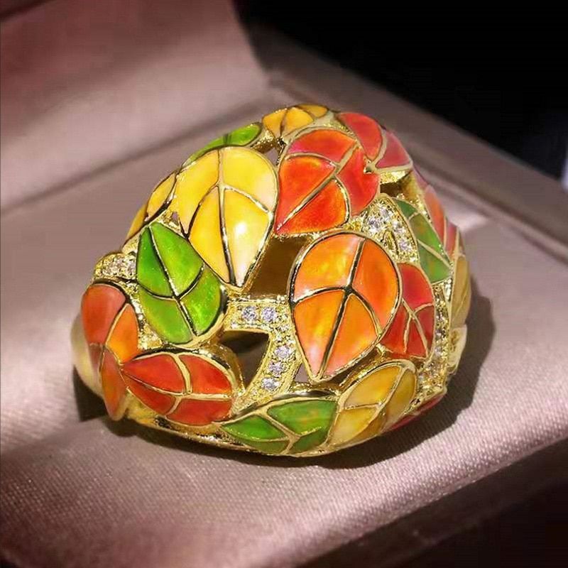 Luxury Green Yellow Multicolor Leaves Enamel Rings for Women Gold Color Vintage Leaf Anniversary Gift Finger Ring Boho Jewelry