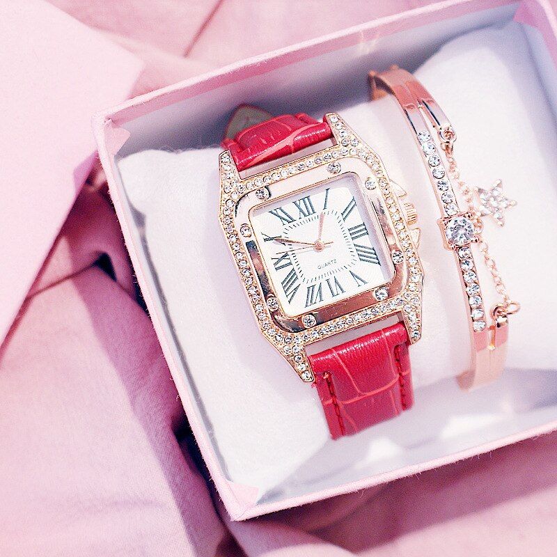 Women Square Diamond Bracelet Watches Set Ladies Leather Quartz Wristwatches Female Clock Zegarek Damski