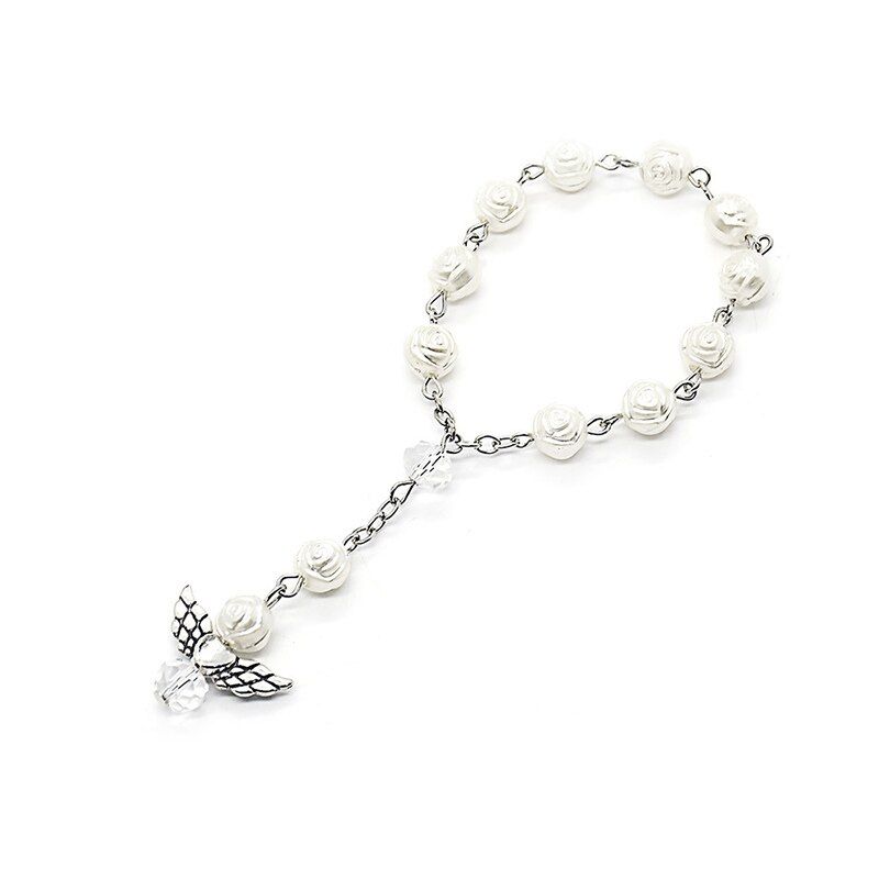 Angel Wings Baptism Rosary Bracelets Gold Silver Color Rose Flower Beads String Chain Bracelet Religous Prayer Souvenir Jewelry
