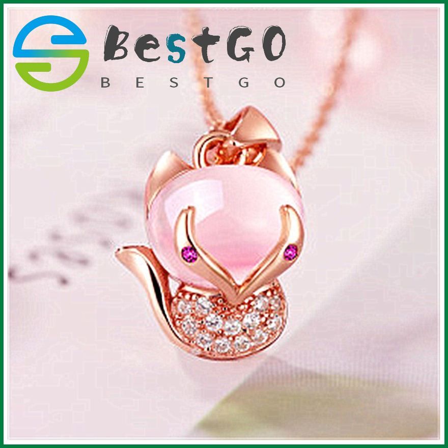 Pink Crystal Little Fox Pendant Hibiscus Stone Powder Crystal Love Fox Edge Pendant Necklace Peach Blossom Fox Fairy Collarbone Chain