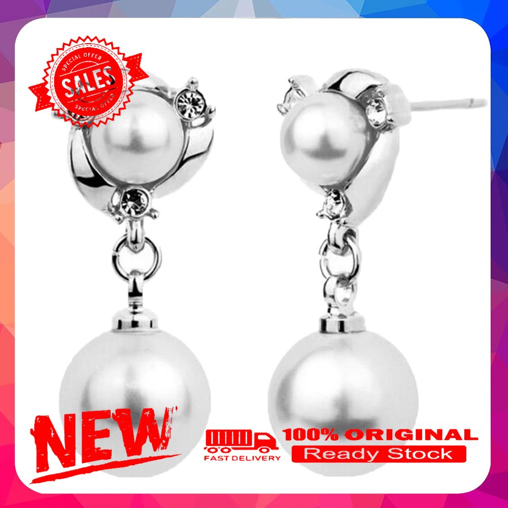 Elegant Women Dangle Imitation Pearl Ear Studs Shiny Rhinestone Inlaid Earrings
