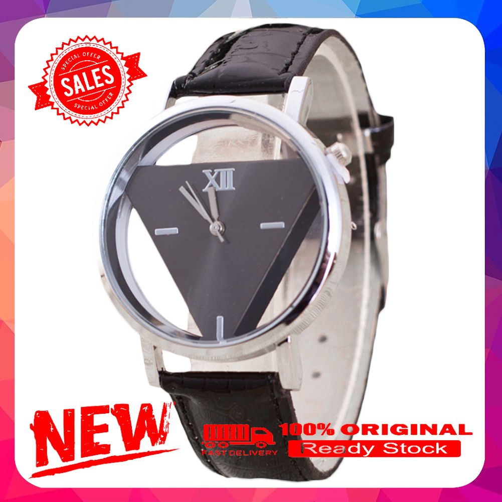 Unisex Hollow Triangle Faux Leather Strap Round Dial Analog Quartz Wrist Watch