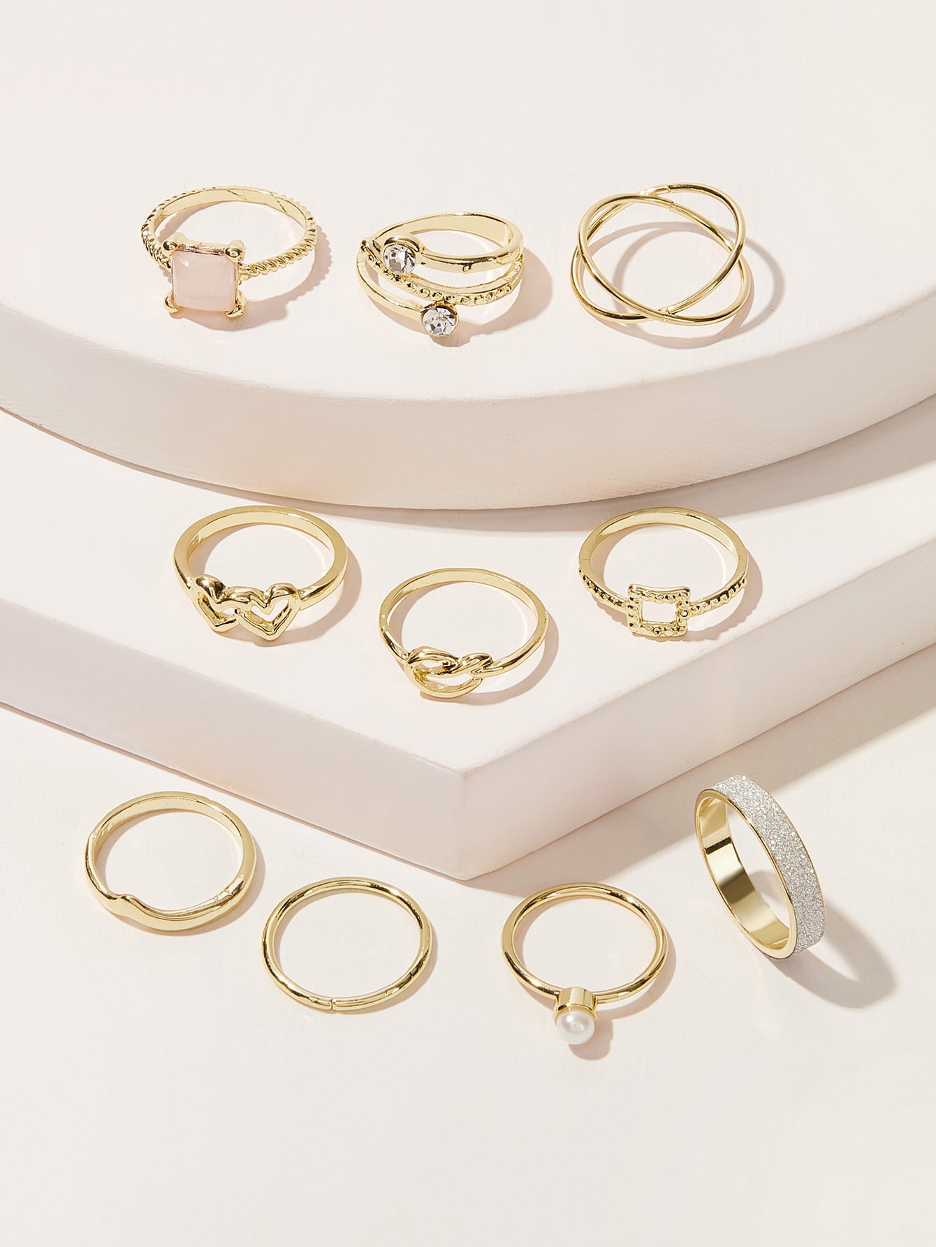 Trendy 10 Pcs Ring Set Metal Geometric Rhinestones Rings Pearl Knuckle Ring Set for Women