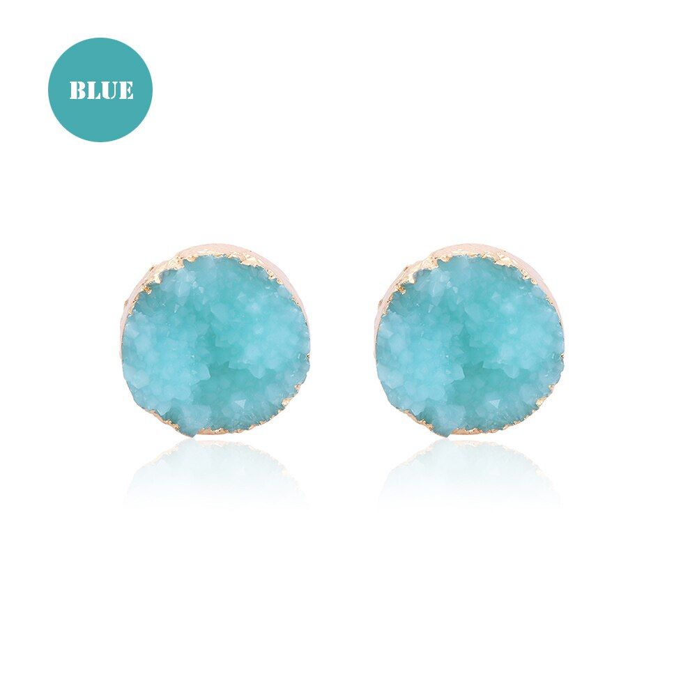 1 Pair New Fashion Raw Crystal Quartz Druzy Stud Earrings Natural Resin Stone Round Multi Color Ear Stud Jewelry