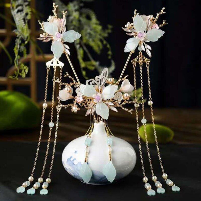 FORSEVEN Women Pearls Tassel Headpieces Hairpins Sticks Hair Combs Jewelry Sets Chinese Hair