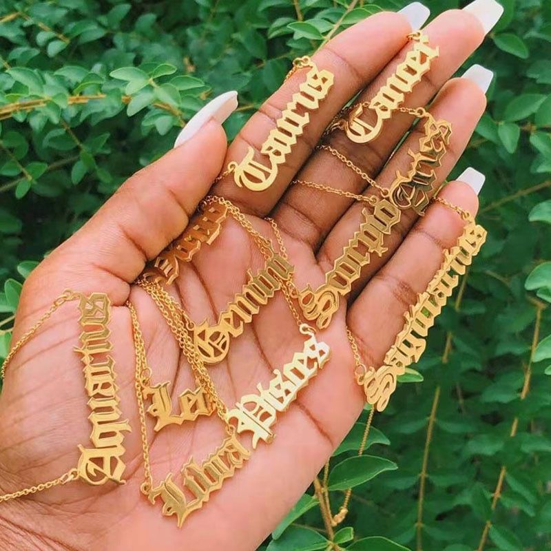 Wholesale 12pcs Old English Letter 12 Constellation Necklaces Pendants Stainless Steel Cancer Taurus Necklace Dropshipping