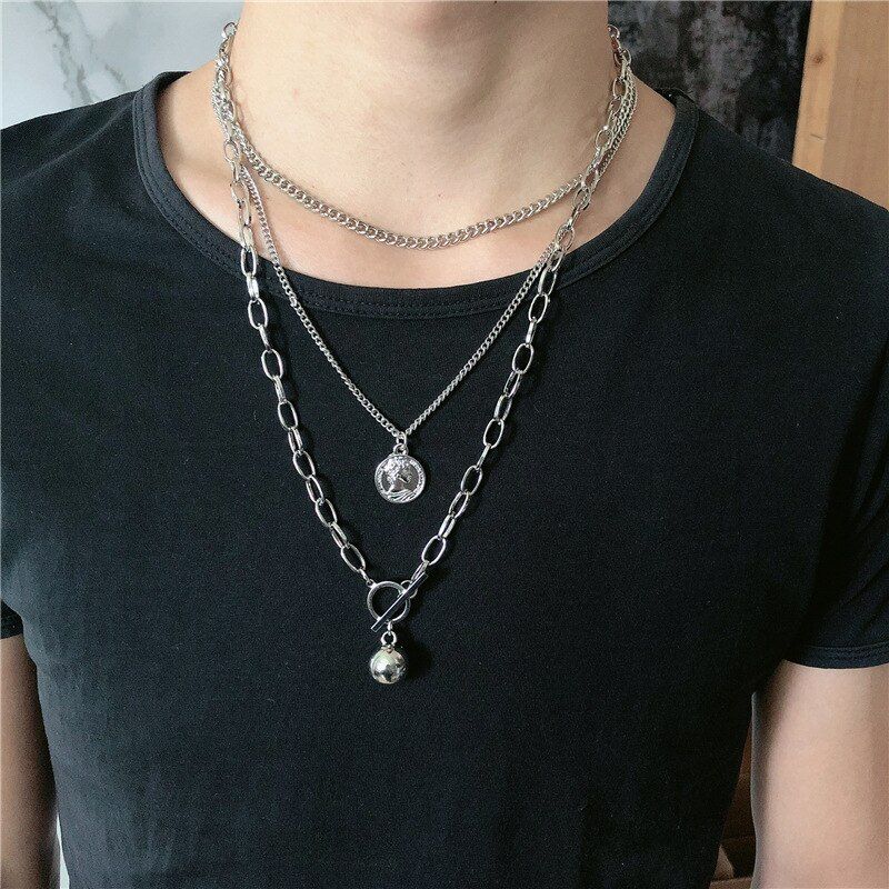 DIEZI Hip Hop Vintage Men Multilayer Ball Coin Pendant Necklace Couple Geometric Silver Color Chain Choker Necklaces for Women
