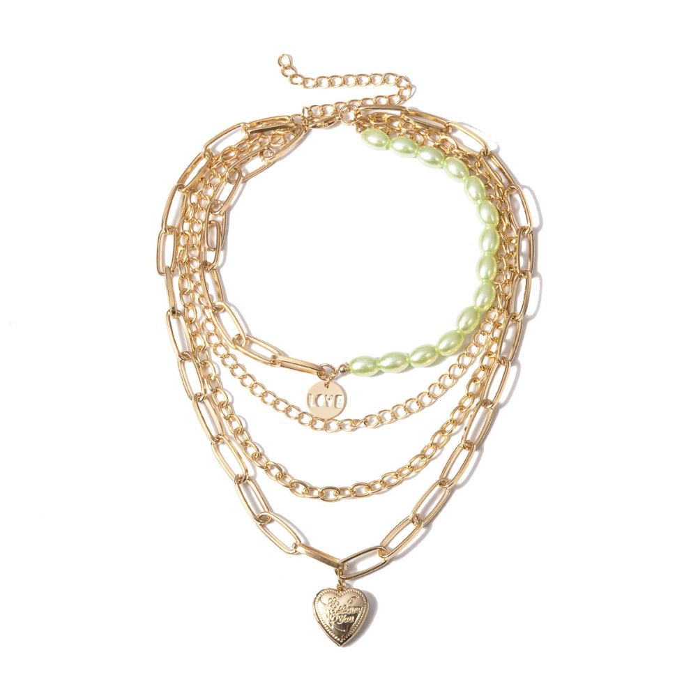 Women LOVE Heart Pendant Faux Pearl Multilayer Chain Necklace Gift