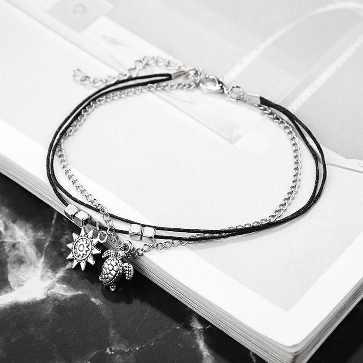 Women Multilayer Turtle Sun Charm Chain Rope Anklet Jewelry