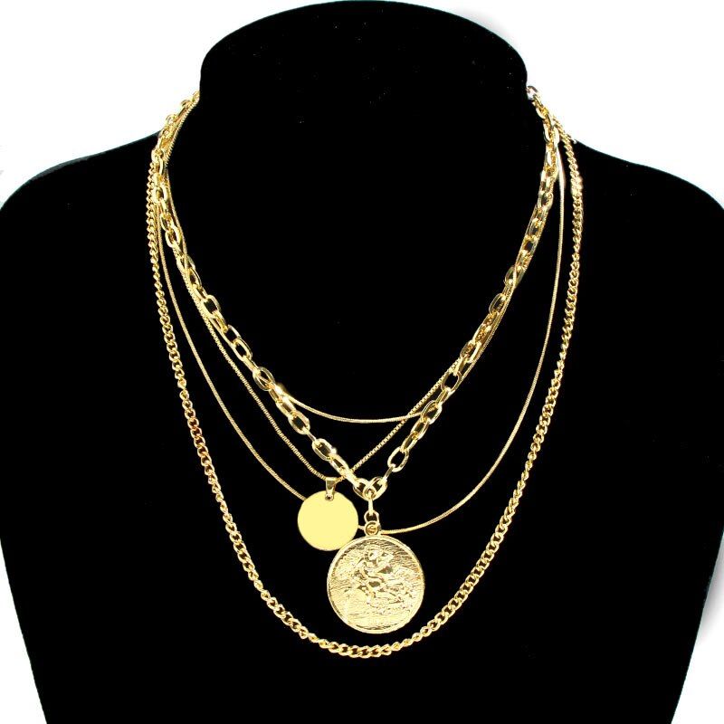 JUST FEEL Multi-layer Vintage Coin Necklace For Women Fashion Metal Gold Color Link Chain Statement Necklace Punk Accessories
