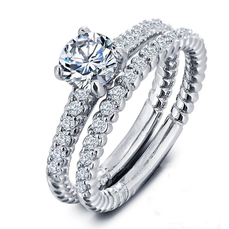 Classic Round 6*6mm Crystal Rhinestones Ring Set For Women Jewelry Wedding Engagement Band Ring Gift