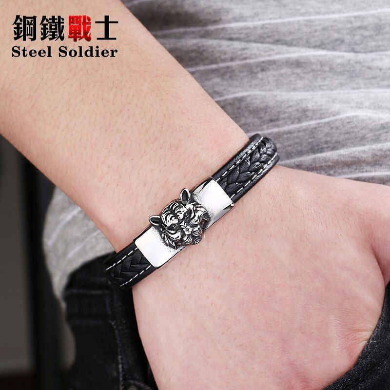 steel soldier Drop Ship Leather tiger head Bracelet Bangle For vintage personality jewelry