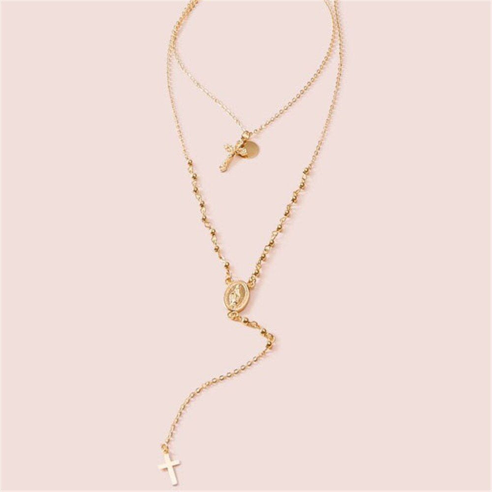MLING Vintage Multi-layer Pendant Necklace Bohemian Flower Sequin Moon Eye Cross Necklace for Women