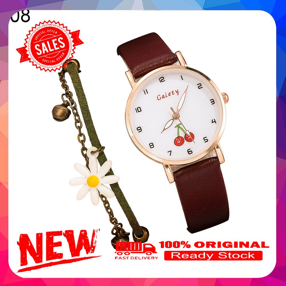 Women Cherry Design Round Dial Quartz Watch Chrysanthemum Shape Bracelet Set