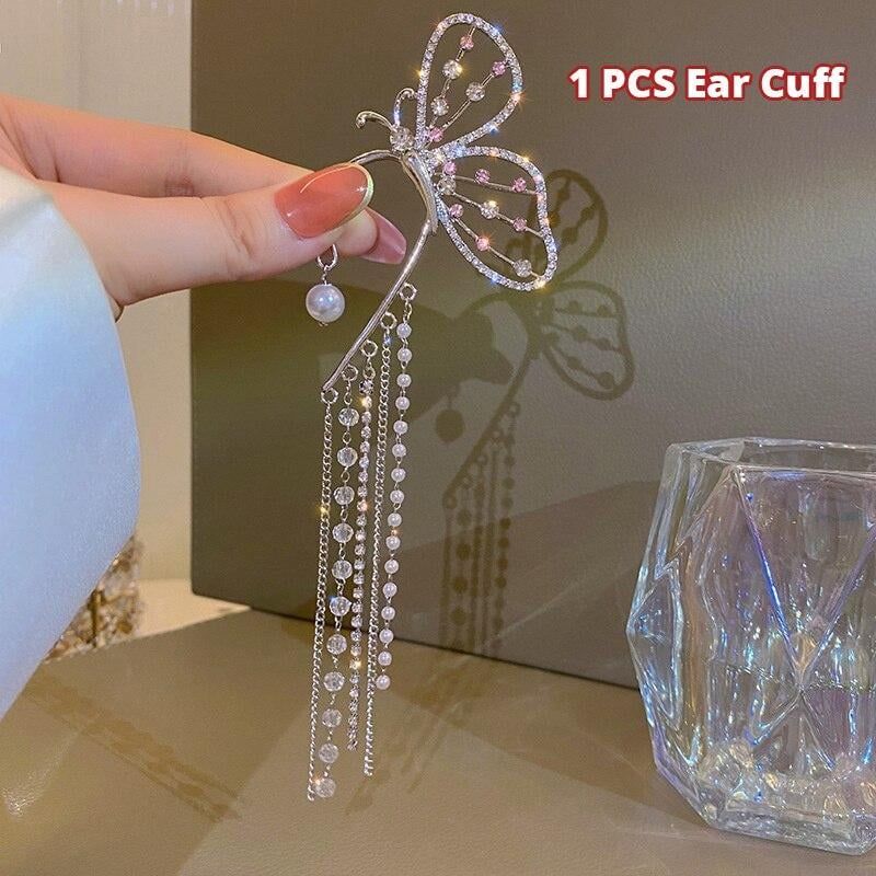 Korean Super Fairy Butterfly Tassel Earrings With Artificial Pearl Ear Clip