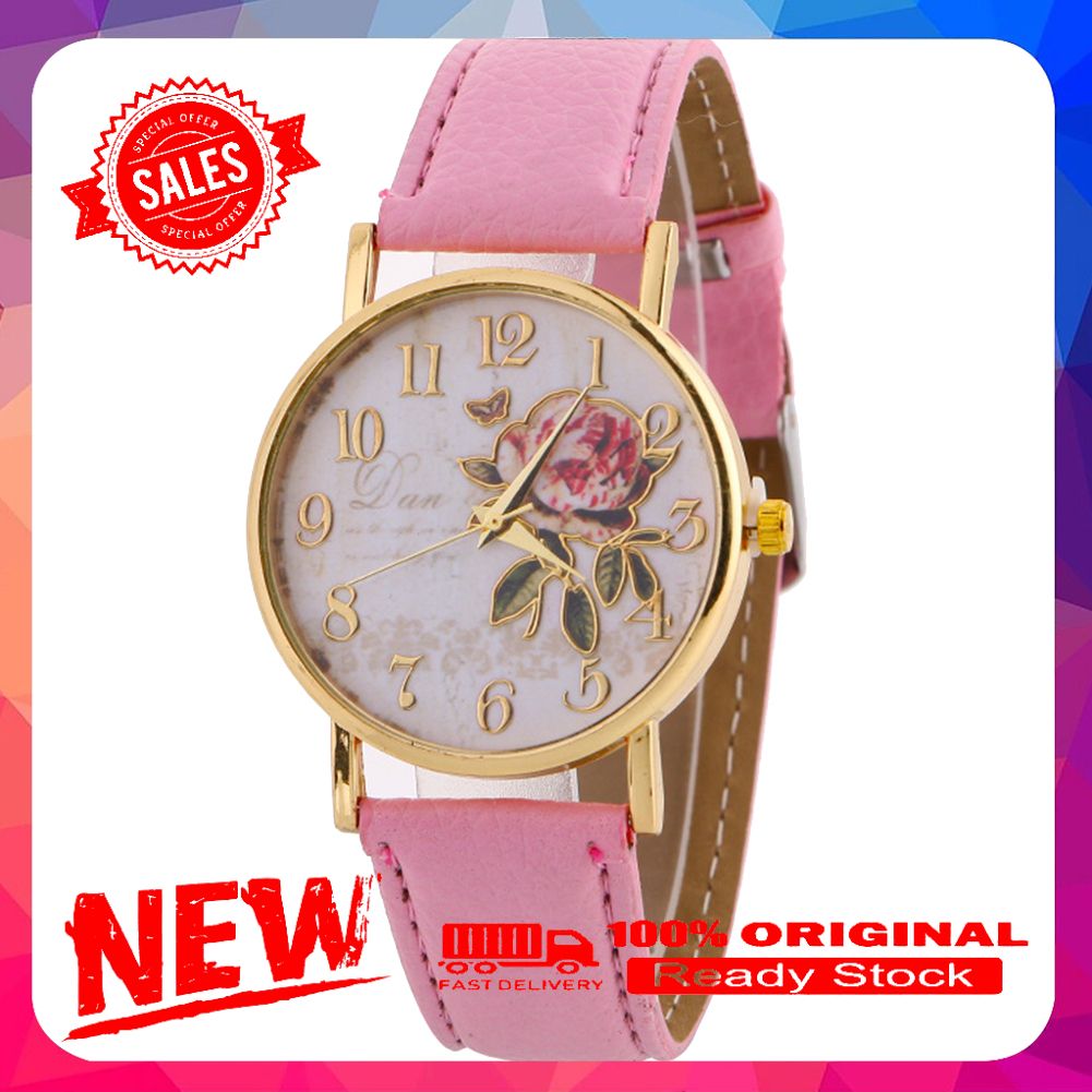 Vist Fox Women Arabic Number Rose Flower Round Dial Faux Leather Band Quartz Wrist Watch