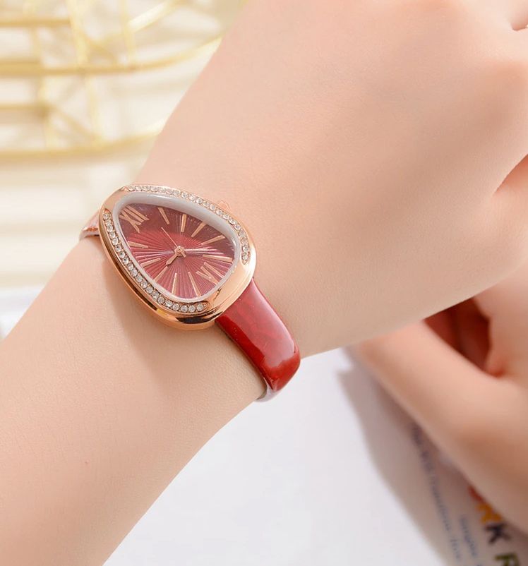 Watches Women Red Leather Strap Ladies Sport Watch Snake Rhinestone Creative Dial Triangle Fashion Luxury Dress Quartz Watch