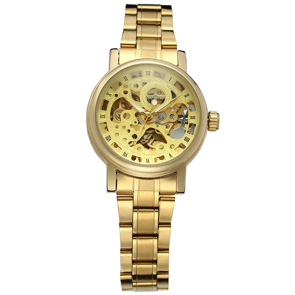 Yfashion Winner Lady Auto Mechanical Watch Skeleton Dial Roman Numeral Steel Watchband Wristwatch