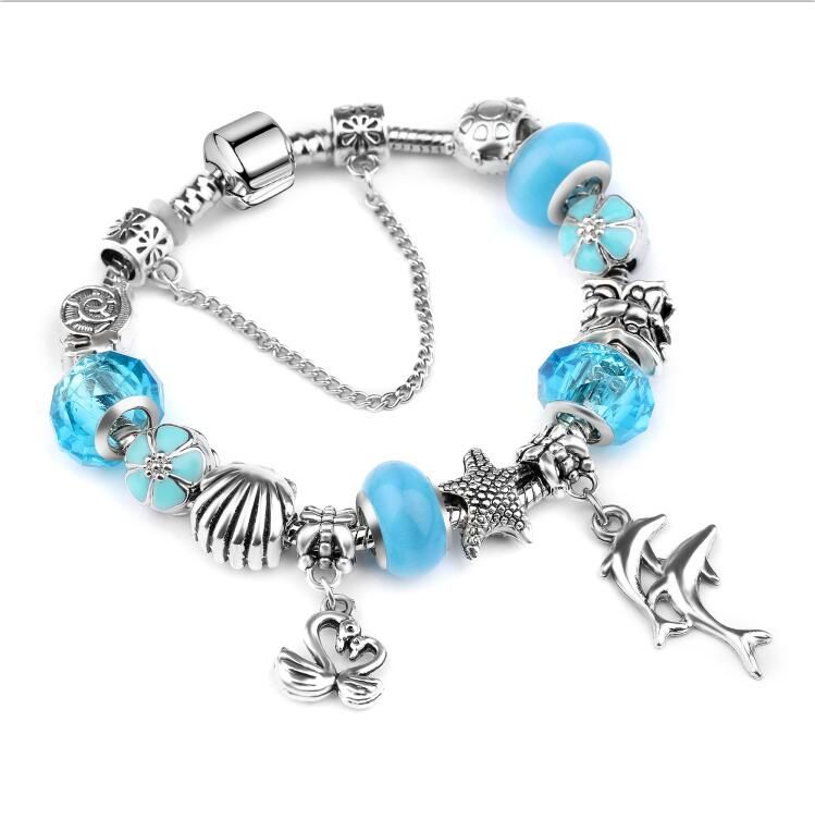 European Ribbon Charm Bracelet for Women Luxury Brand Crystal Beads Snake Chain Bracelets Silver Color Jewelry 2018