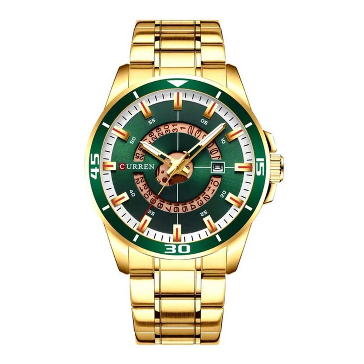 CURREN 8359 Golden Stainless Steel Analog Watch For Men - Green & Golden