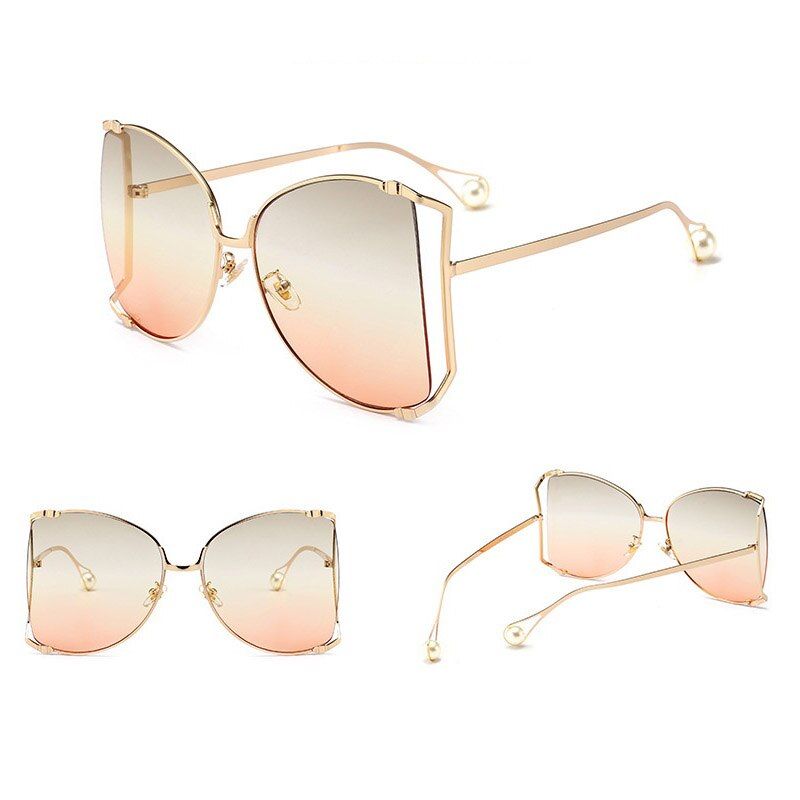 D379 brown orange2018 Brand Designer Pearl Decoration Half Frame Women Cat Eye Sunglasses Fashion Oversized Sun Glasses Ladies Clear Pink Shades