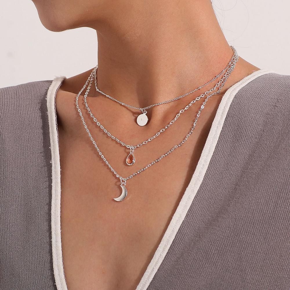 Boho Choker Vintage Moon Pendant letter Necklaces Trendy Long Chain Collier Femme Crystal Collares Multilayer Necklace for Women