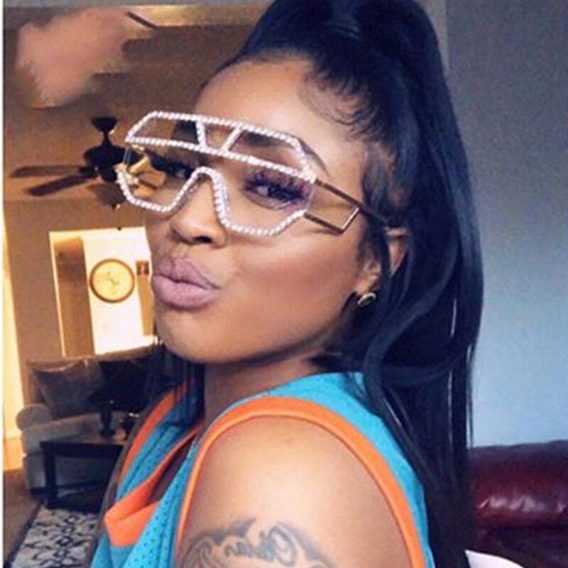 gray with RhinestoneRhinestone Oversized Brown Sunglasses Women Luxury Vintage Feminine Glasses Metal Gradient Lens UV400 Big Glasses Eyewear