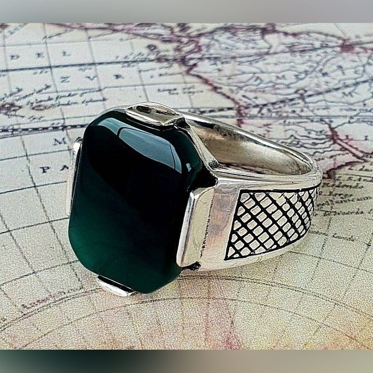 Turkish Ottoman Green Agate Gemstone 925 Sterling Ring Gemstone