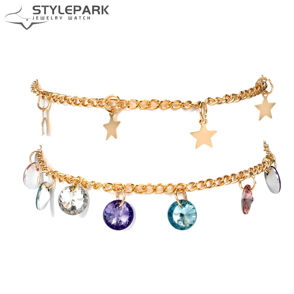 2Pcs/Set Boho Women Star Colorful Rhinestone Charm Sandal Anklet Ankle Bracelet