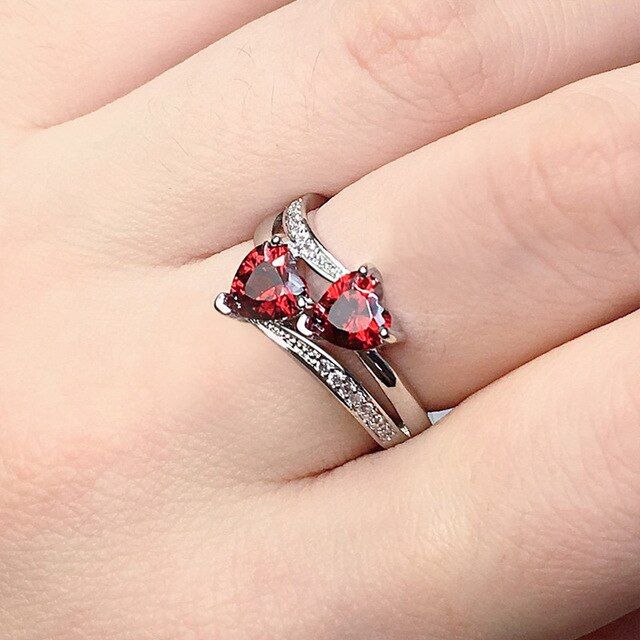 Huitan Romantic Engagement Rings For Women Double Heart Shaped Pretty Gift For Women Seven Color Cubic Zircon Available Rings