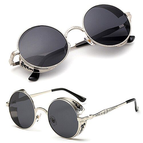 Silver GrayUnisex Vintage Polarized Steampunk Round Metal Sunglasses women Fashion Men Women Round Mirrored Eyewear