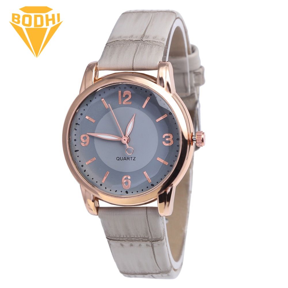 BODHI Fashion Women Round Dial Bamboo Grain Faux Leather Strap Analog Quartz Watch